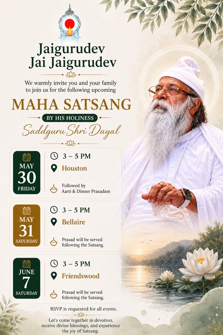 Maha Satsang poster — Houston & Bellaire, Texas